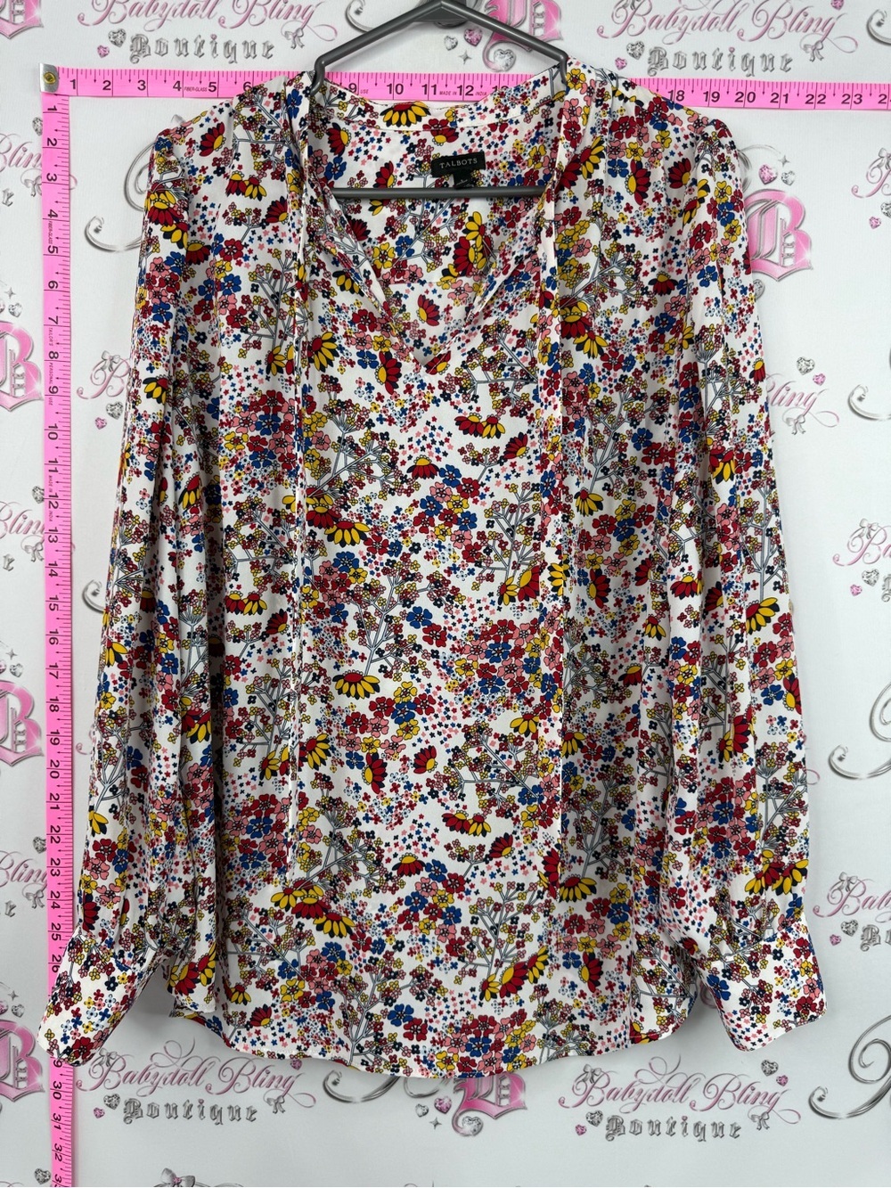 Talbots White Floral V-Neck Long-Sleeve Blouse with Yellow and Blue Accents